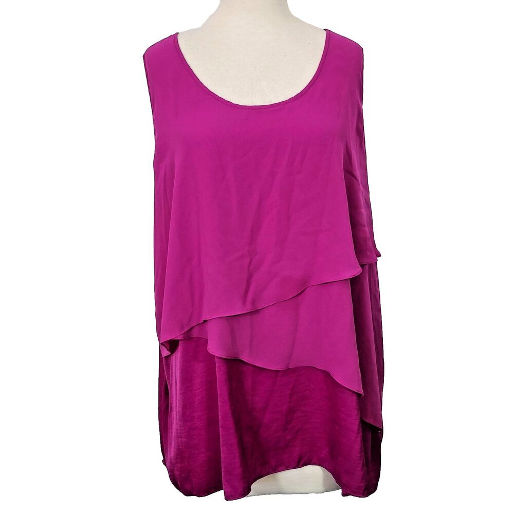 Catherines Tank Top Plus 2X Raspberry Sleeveless Tiered Scoop Neck Asymmetrical